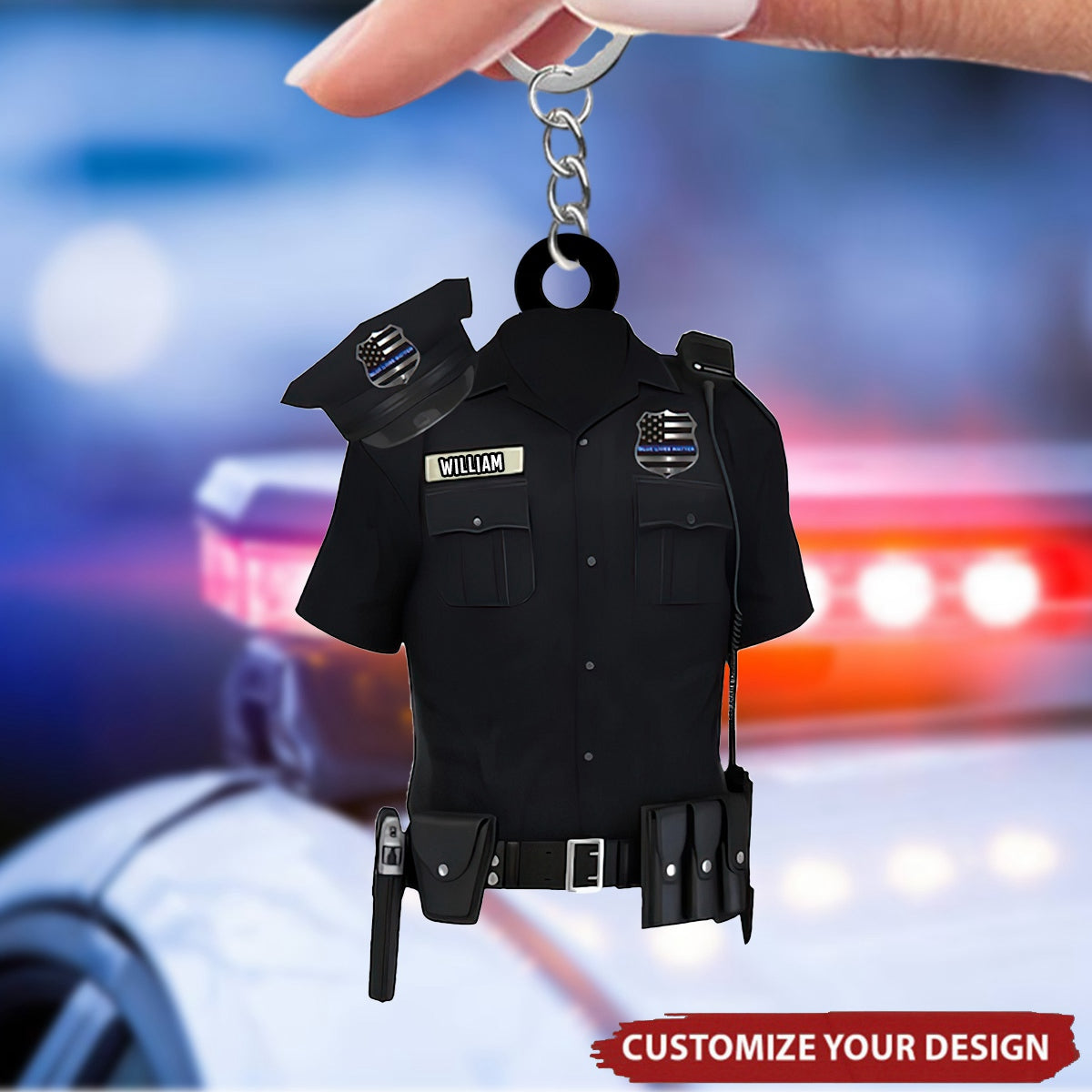 Personalized Police Uniform With Hat Gun Shaped Flat Keychain - Police Uniform Keychain