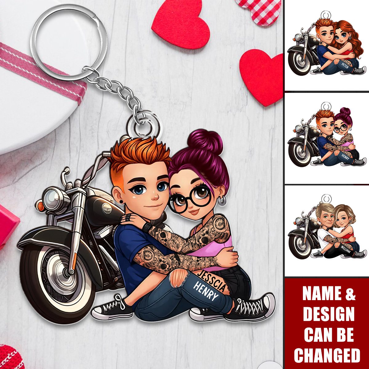 Biker Cartoon Effect Couple Personalized Acrylic Keychain, Gift for Motorcycle Lovers
