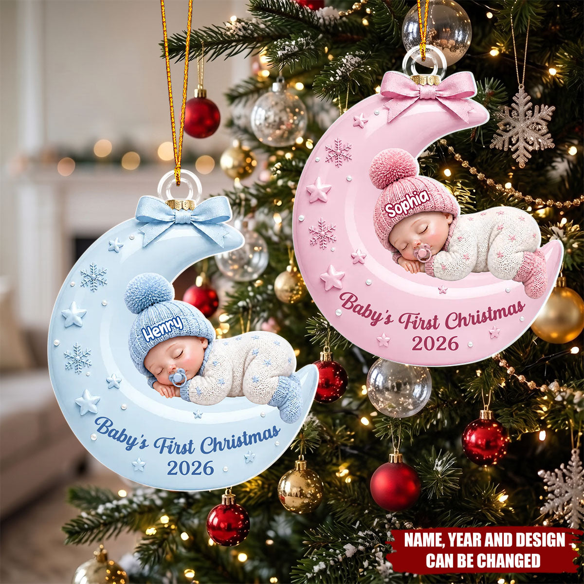 Pastel Pink Baby On Moon - Personalized Acrylic Custom Shape Ornament