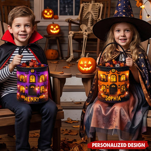 Personalized Haunted House Halloween Trick Or Treat Bucket - Custom Name Kids Halloween Candy Tote Bag