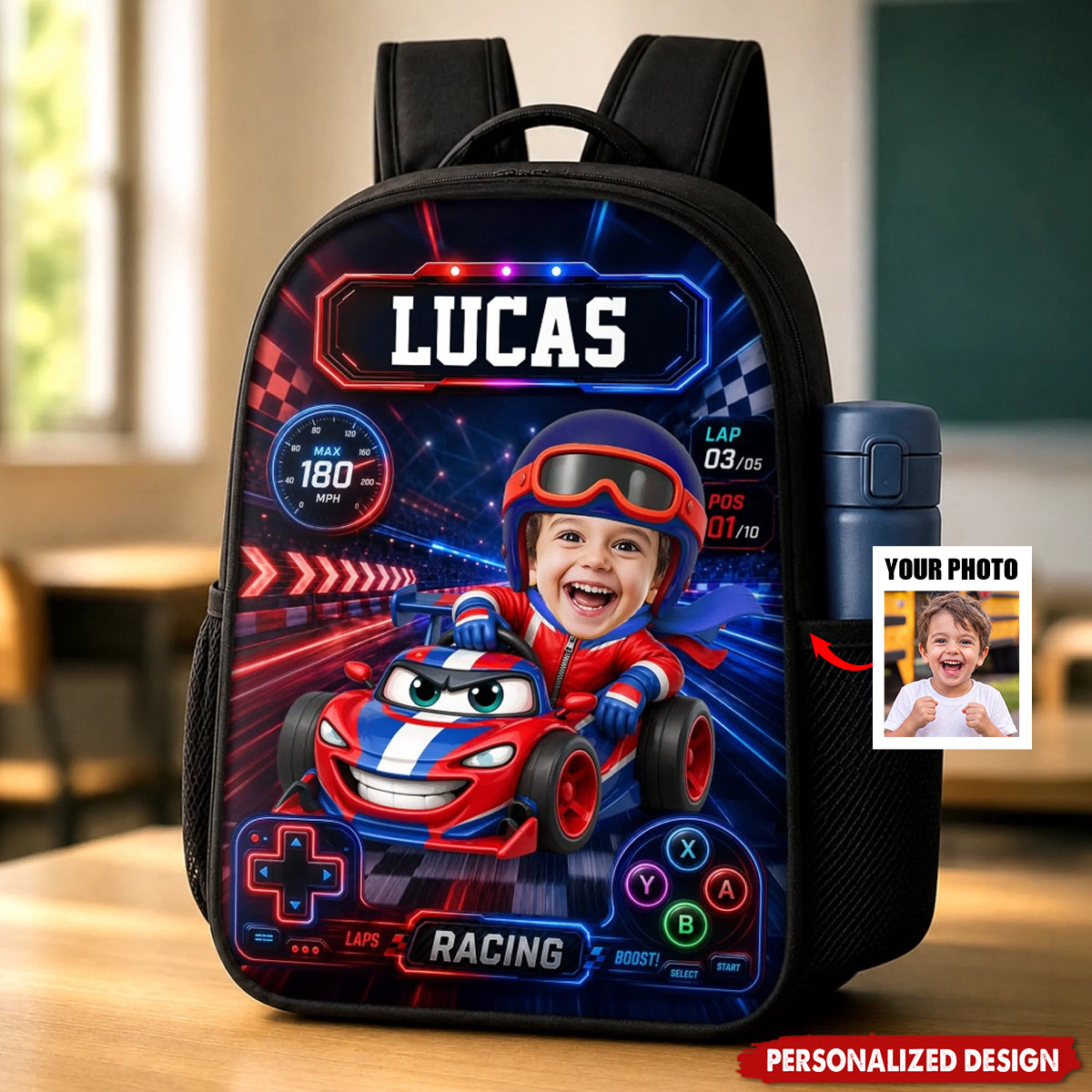 Personalized Kids Racing Backpack -Custom Name and  Photo Cartoon Race Car Driver