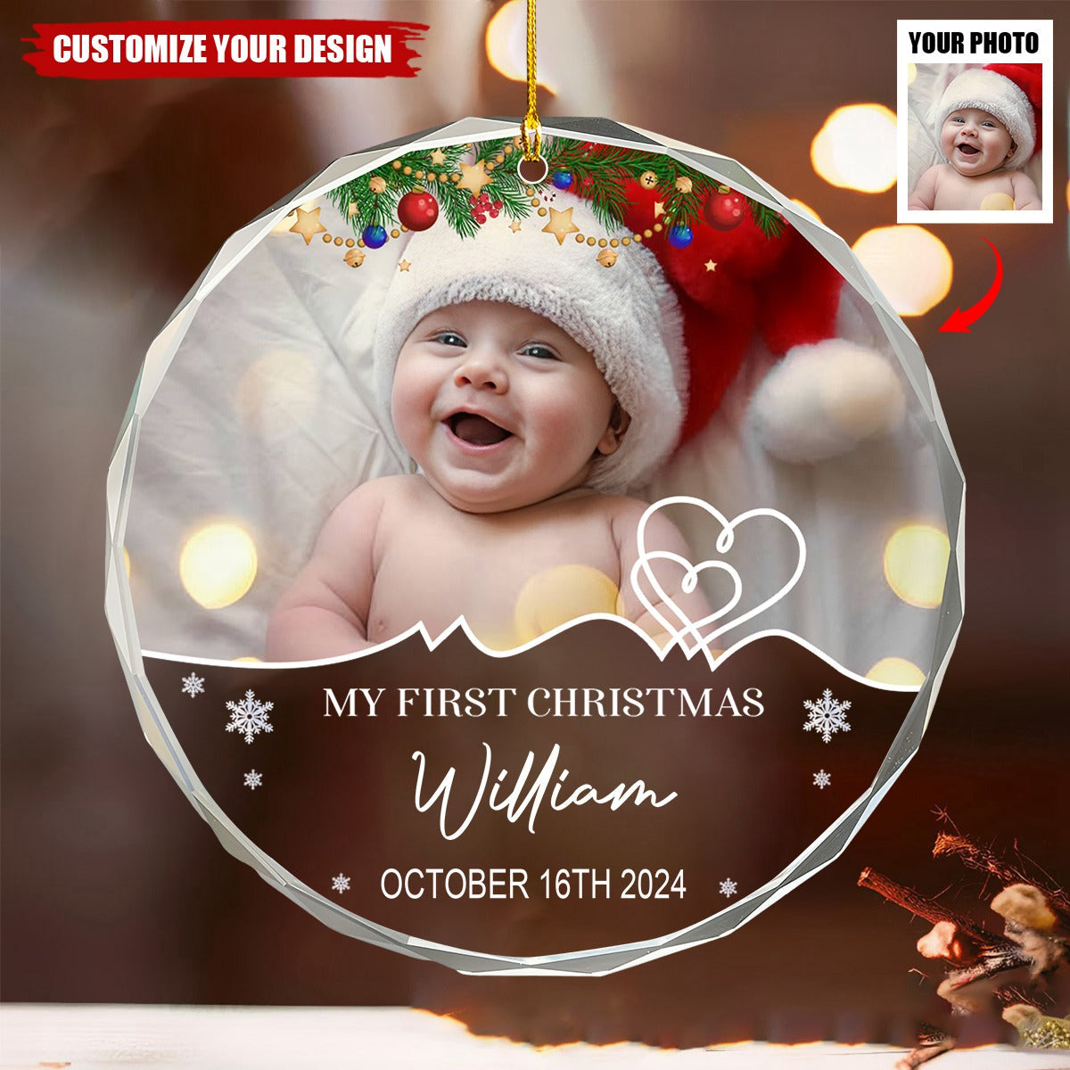 Custom Photo My First Christmas - Family Personalized Circle Glass Ornament