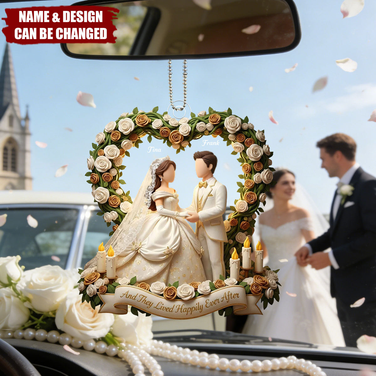 And They Lived Happily Ever After Bridal Couple and Roses, Custom Acrylic Car Ornament
