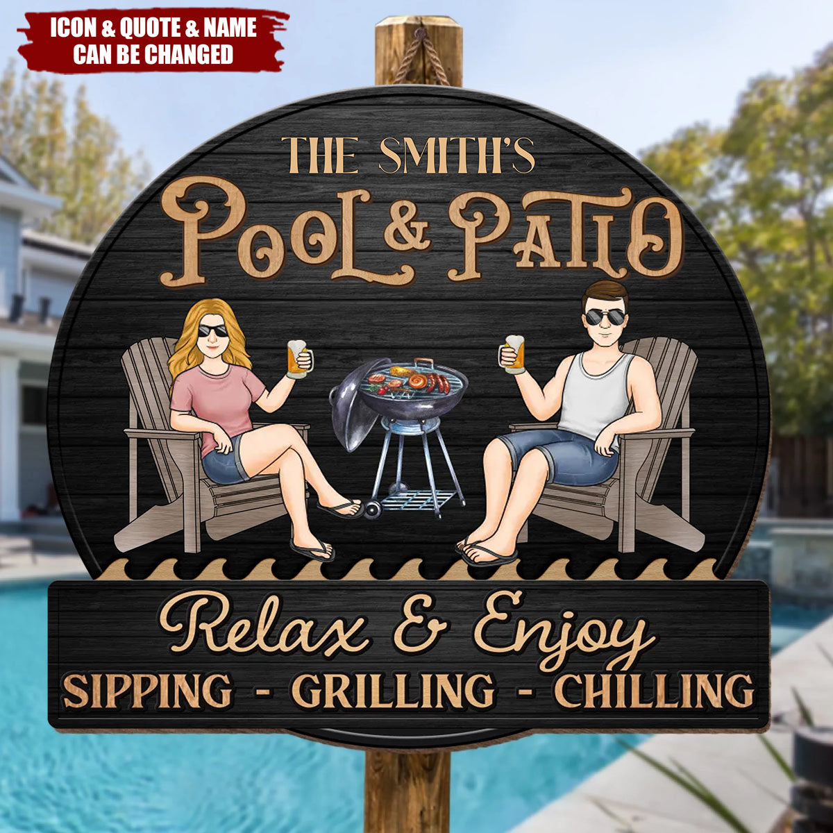Just A Couple, Pool & Patio Sipping Chilling - Couple Personalized Home Decor Wood Sign
