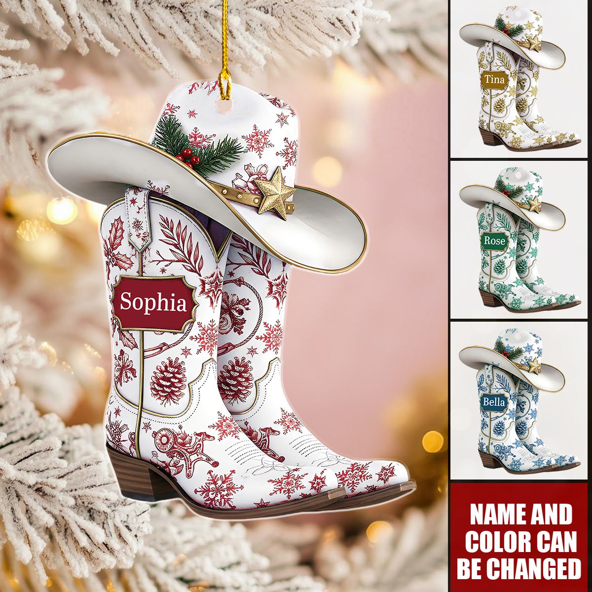 Customize Name Cowgirl Boots Christmas Ornament, Coquette Bow Hat Gift