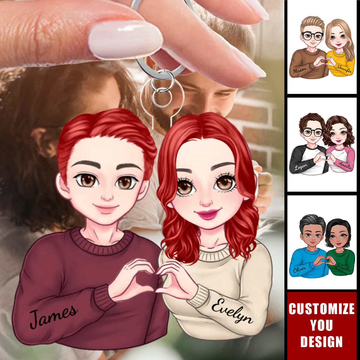 Cartoon Couple Heart Gesture - Personalized Acrylic Keychain, Anniversary Gift For Couple
