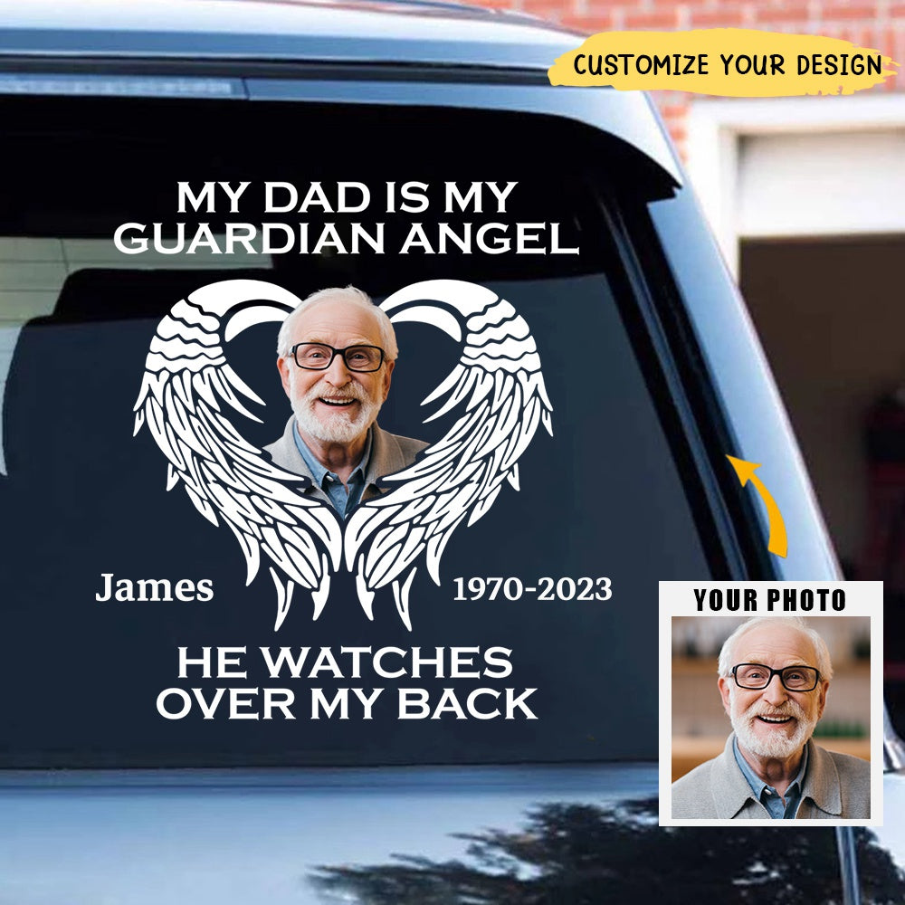 Memorial Upload Photo Heart Wings, My Dad Mom Grandma Grandpa Is My Guardian Angel Personalized Decal