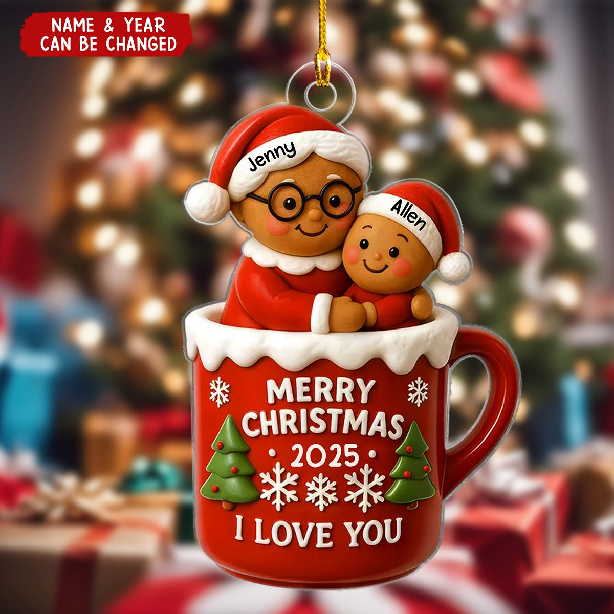 Christmas Gingerbread Grandma Hugging Grandkid In Hot Cocoa Personalized Acrylic Ornament
