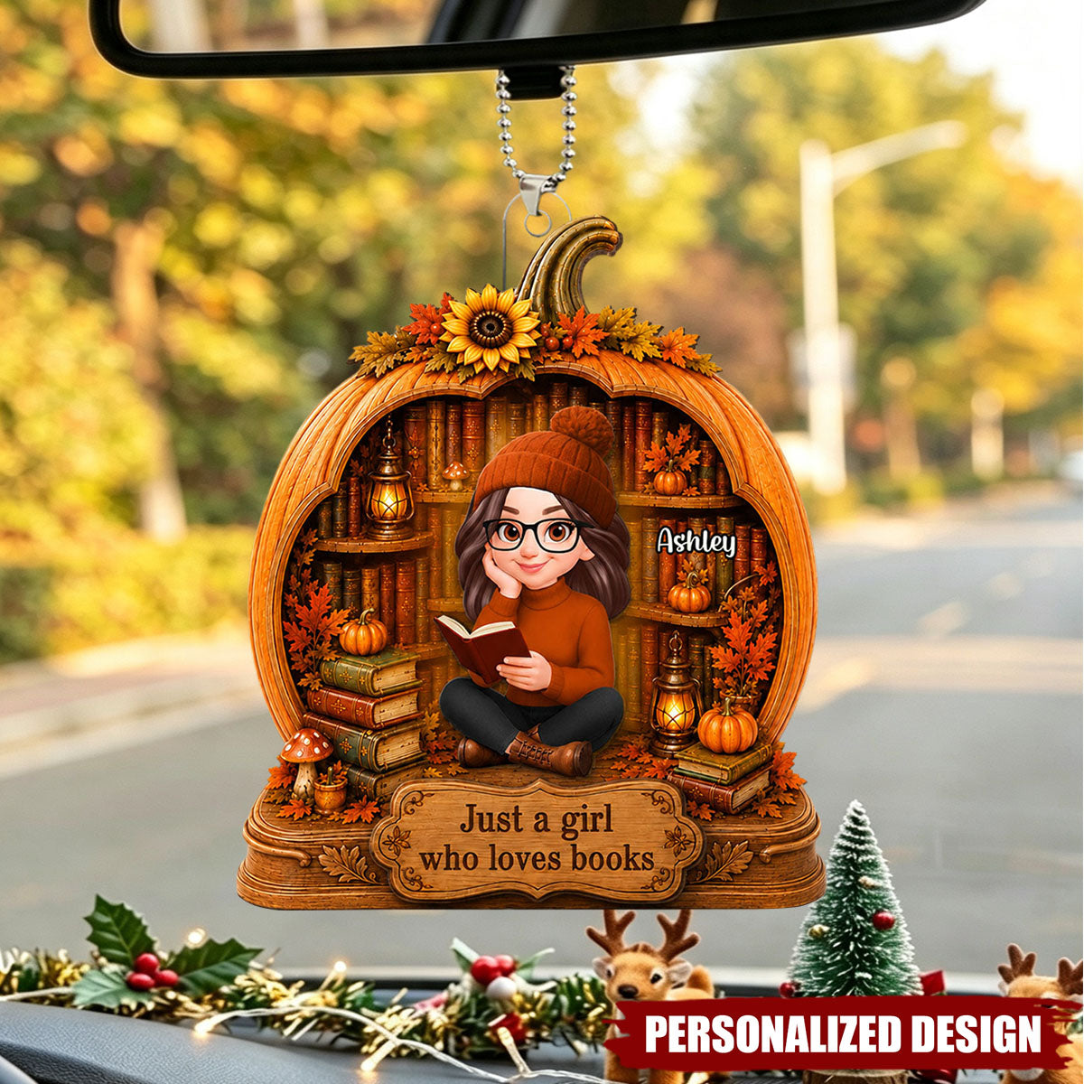 Personalized Fall Pumpkin Book Lover Car Hanging Ornament - Custom Name Acrylic Car Charm