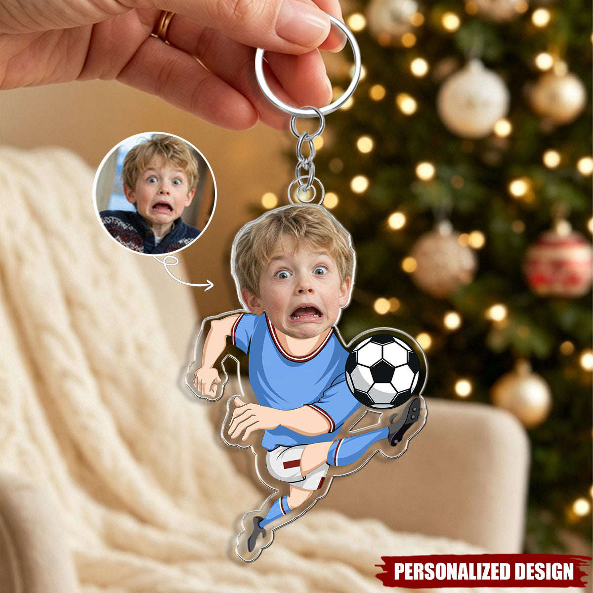 Personalized Photo Soccer Boy Acrylic Keychain - Custom Kid Face Football Player Keyring Gift