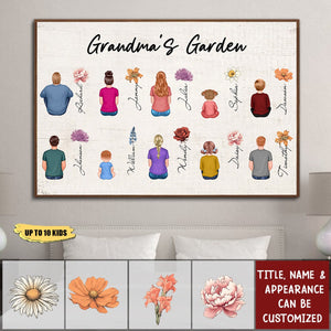 Vintage Birth Month Flowers Garden With Grandkids Names Personalized Poster - Mother's Day Gift For Grandma Mom Auntie