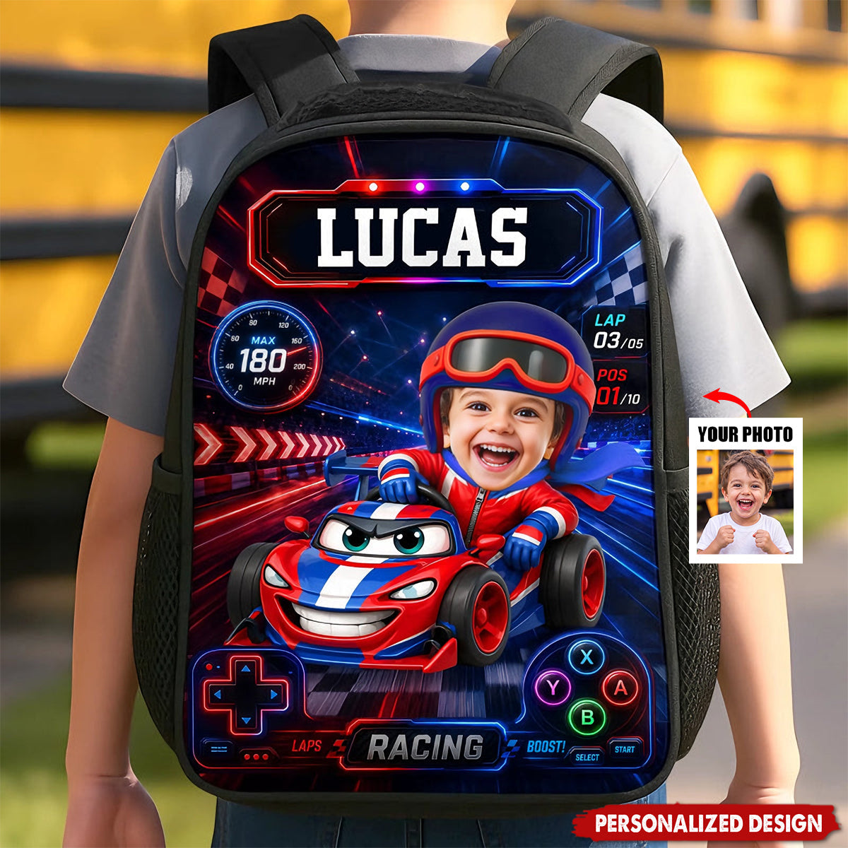 Personalized Kids Racing Backpack -Custom Name and  Photo Cartoon Race Car Driver