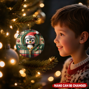 Cute Zipper Plaid Penguin Personalized Christmas Ceramic Ornament