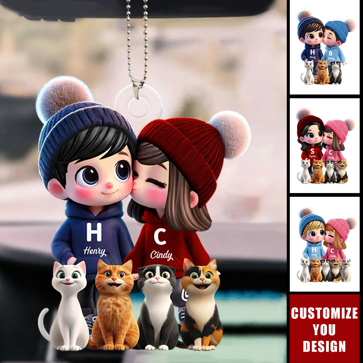 Cute Cartoon Couple You Me And Cute Cartoon Cat Personalized Acrylic Ornament