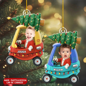 Custom Photo Christmas Kid In Car - Personalized Christmas Acrylic Ornament