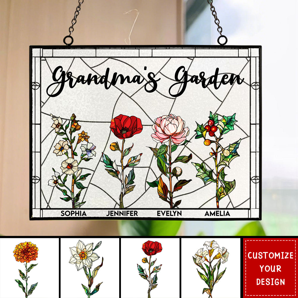 Grandma's Garden - Personalized Stained Glass Window Hanging Suncatcher