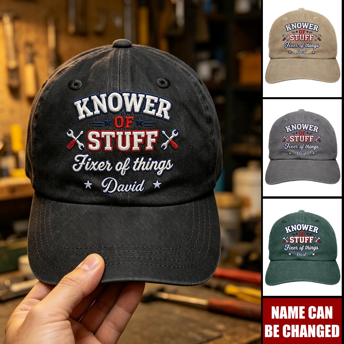Knower Of Stuff Fixer Of Things Embroidery Effect - Personalized Vintage Washed Denim Cap