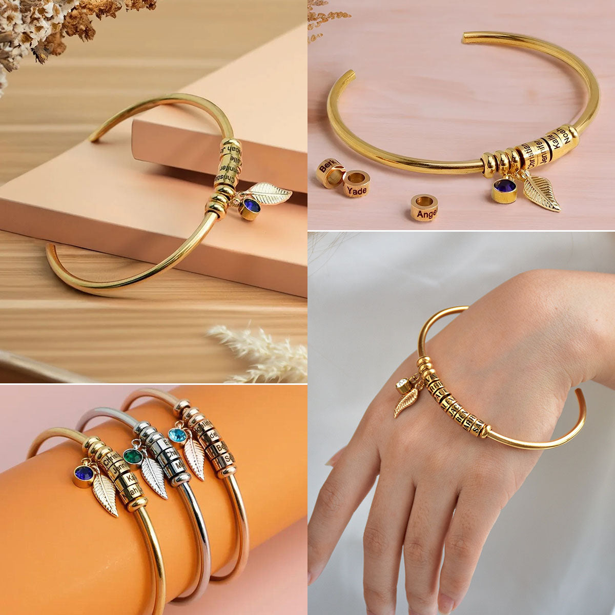 Custom Bead Name With Birthstone Leaf Charm Personalized Bangle, Gift For Grandma Mom