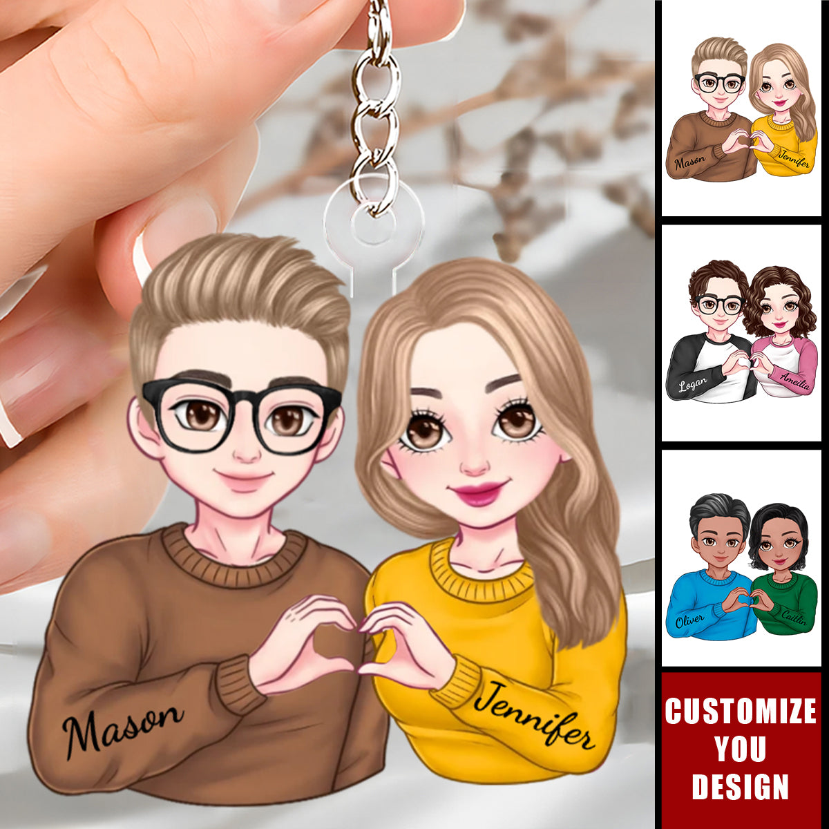 Cartoon Couple Heart Gesture - Personalized Acrylic Keychain, Anniversary Gift For Couple