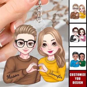 Cartoon Couple Heart Gesture - Personalized Acrylic Keychain, Anniversary Gift For Couple