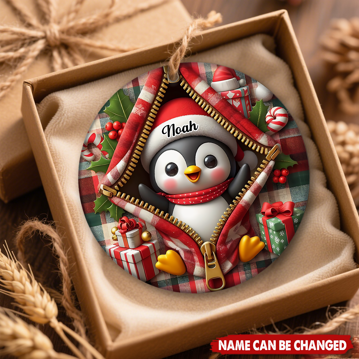 Cute Zipper Plaid Penguin Personalized Christmas Ceramic Ornament
