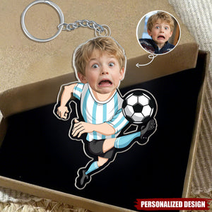Personalized Photo Soccer Boy Acrylic Keychain - Custom Kid Face Football Player Keyring Gift