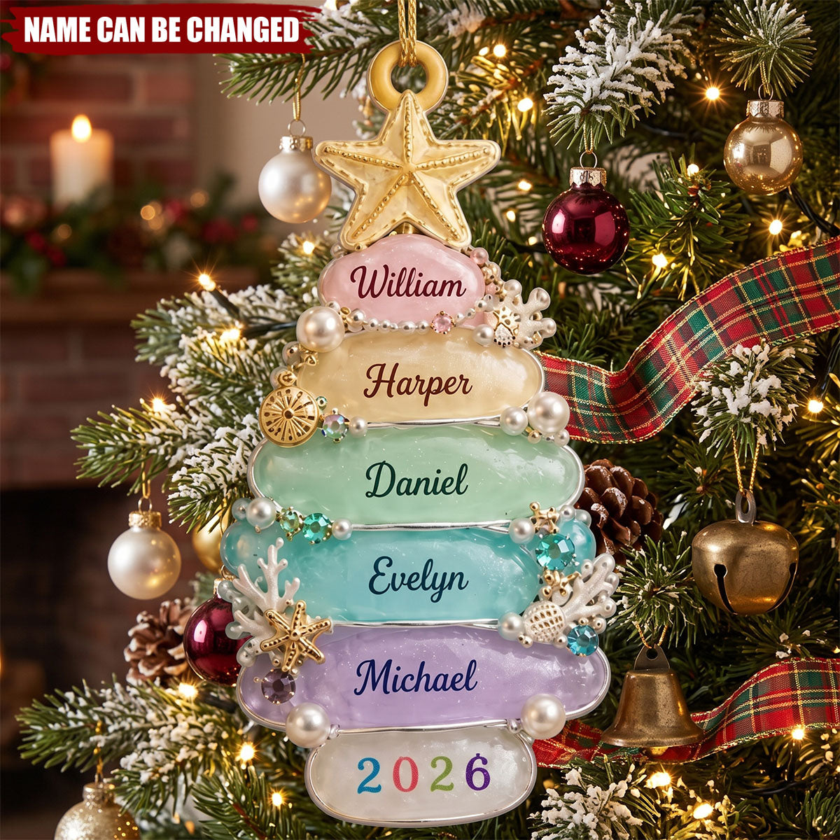 Custom Sea Glass Tree 2026 Ornament, Personalized Beach Family Christmas Decor, Ocean Lover Ornament