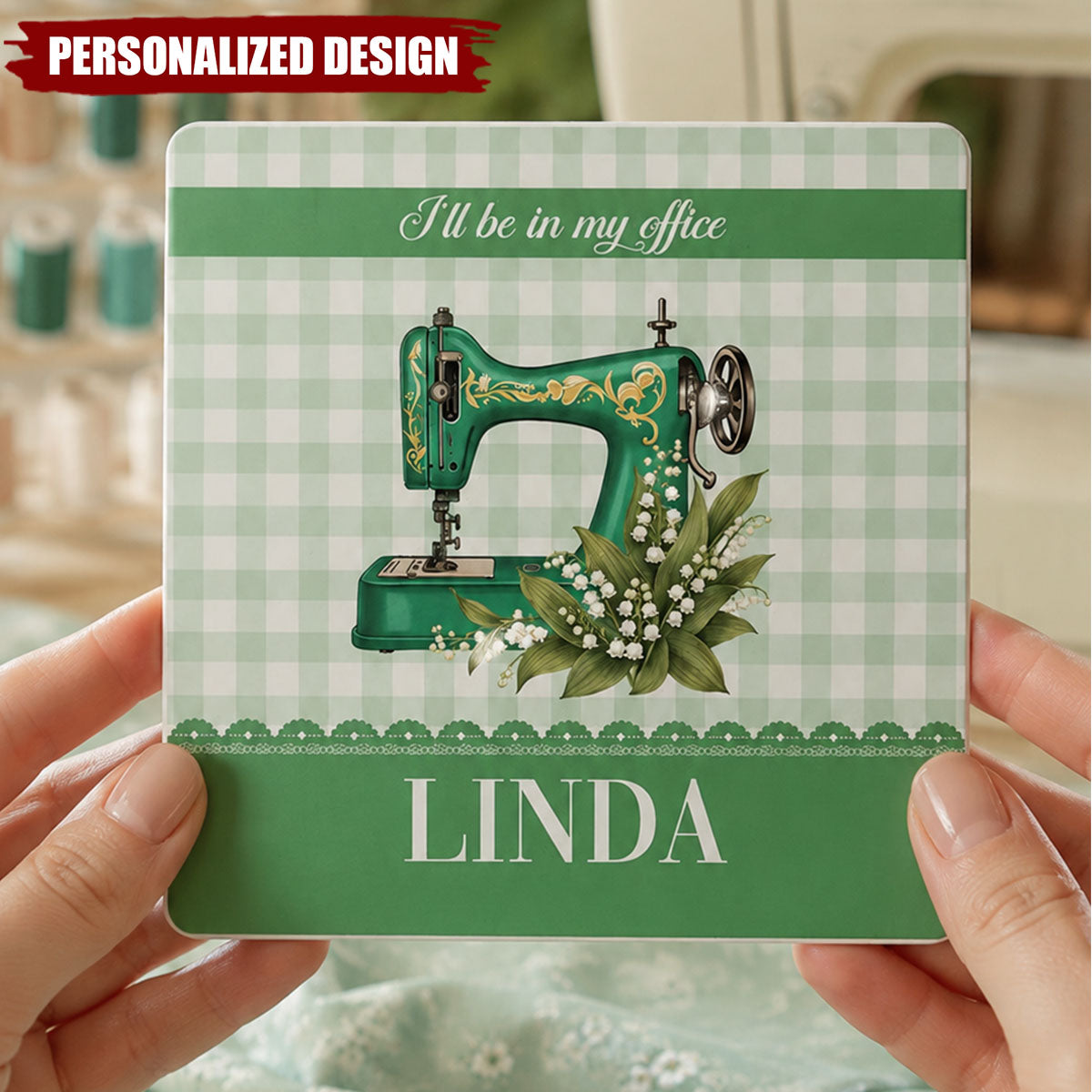 Personalized Sewing Lover Ceramic Coaster - Vintage Sewing Machine Themed Drink Coaster