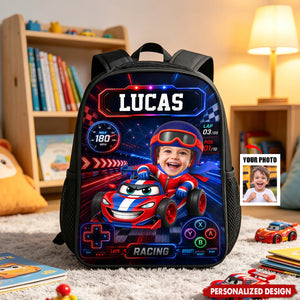 Personalized Kids Racing Backpack -Custom Name and  Photo Cartoon Race Car Driver
