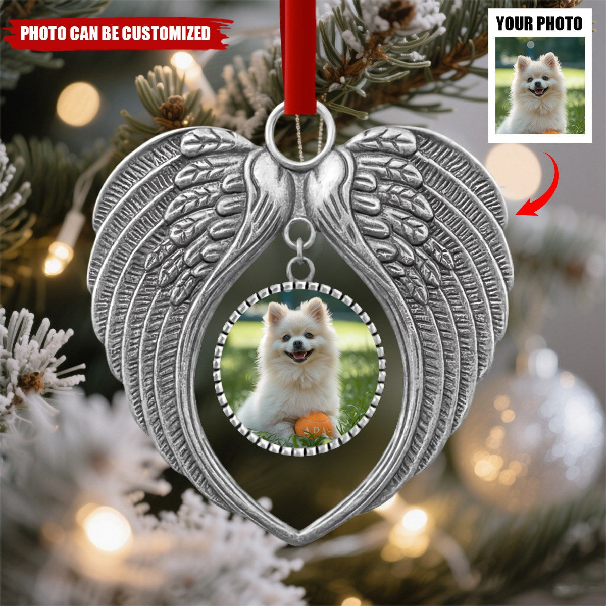 Custom Photo Forever Loved, Never Forgotten - Personalized Pet Memorial Metal Angel Wings Ornament