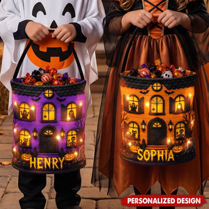Personalized Haunted House Halloween Trick Or Treat Bucket - Custom Name Kids Halloween Candy Tote Bag