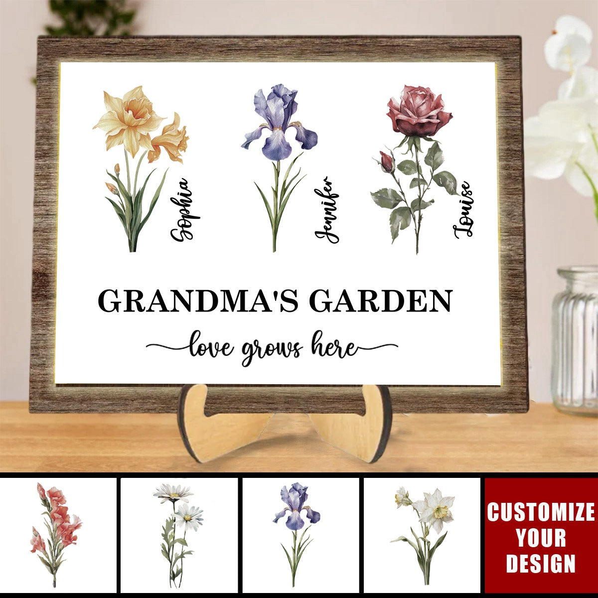 Grandma's Garden Love Grows Here Birth Month Flower - Personalized 2-Layered Wooden Frame With LED