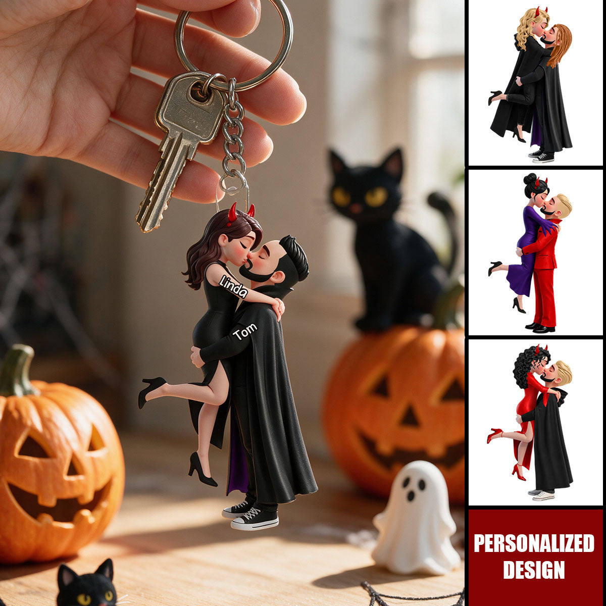 Halloween and Autumn Decor Featuring a Kissing Couple – Personalized Keychain