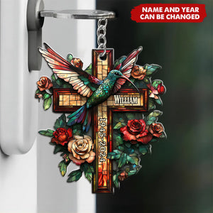 Roses And Hummingbird Stained Glass – Personalized Hummingbird Keychain