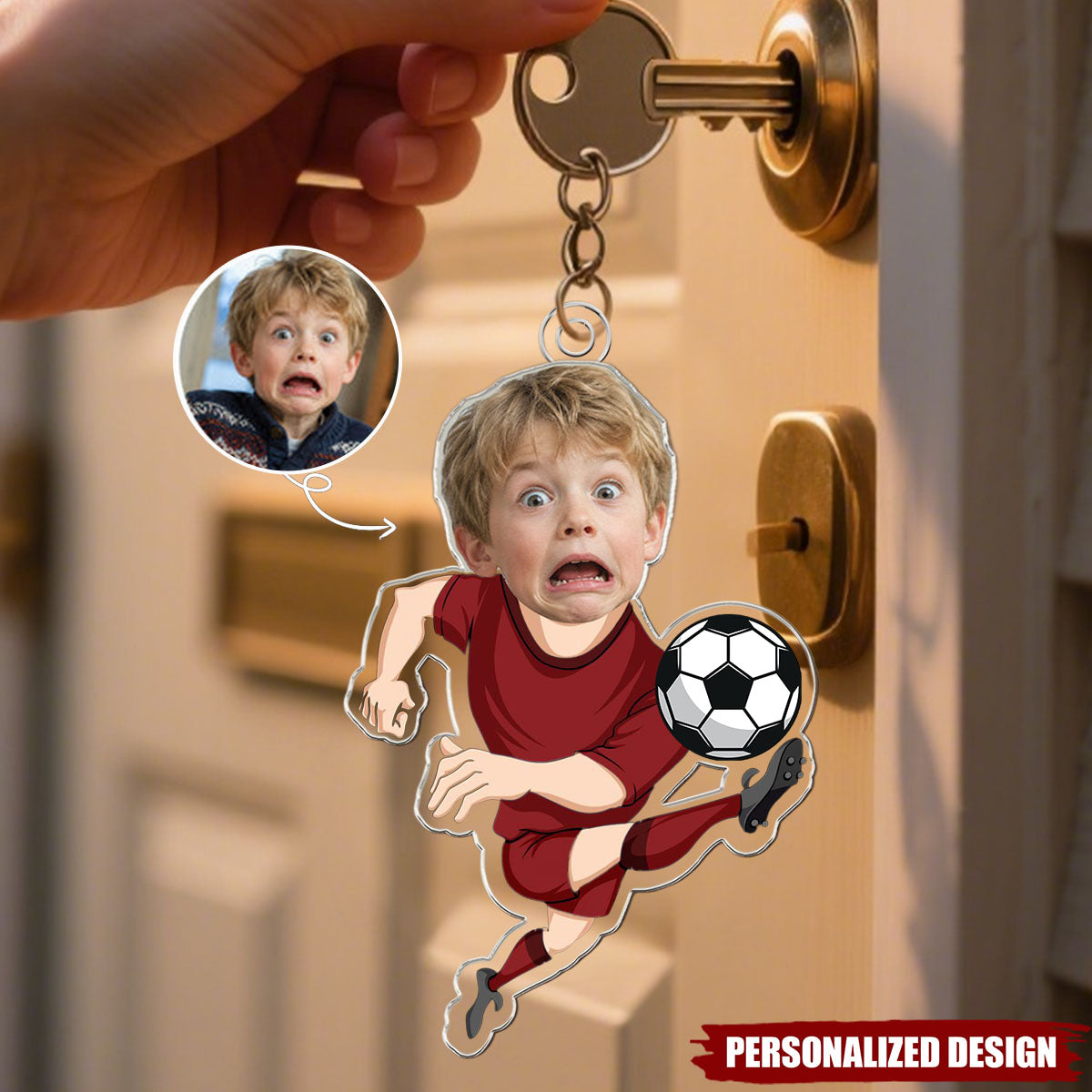 Personalized Photo Soccer Boy Acrylic Keychain - Custom Kid Face Football Player Keyring Gift