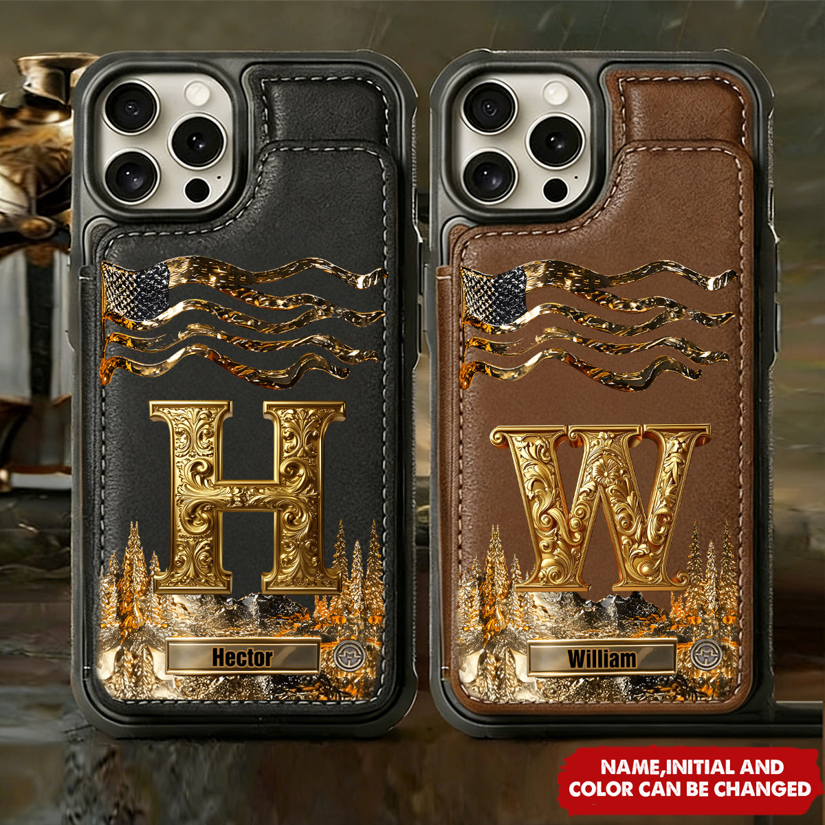 Golden Initial Gift For Husband And Son - Personalized Leather Flip Wallet Phone Case
