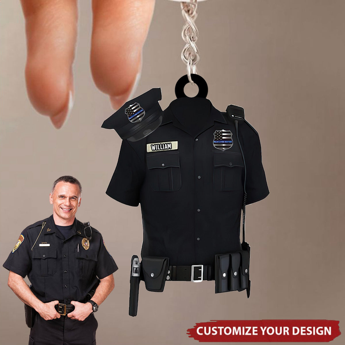 Personalized Police Uniform With Hat Gun Shaped Flat Keychain - Police Uniform Keychain