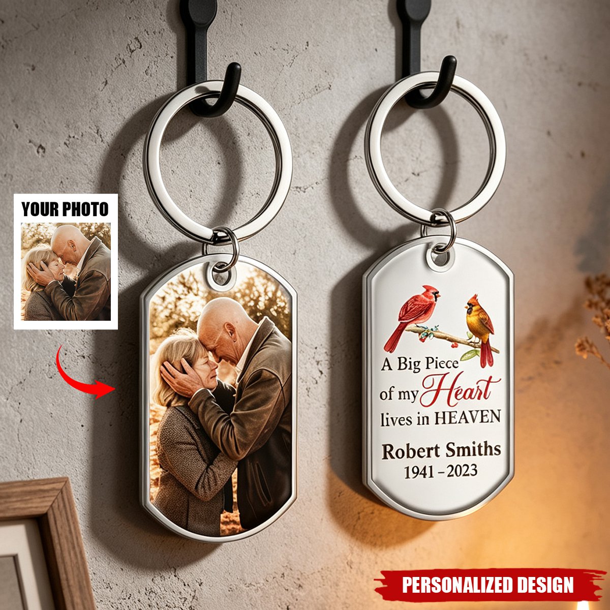 Personalized Memorial Photo Keychain - A Big Piece Of My Heart Lives In Heaven Cardinal Remembrance Keychain