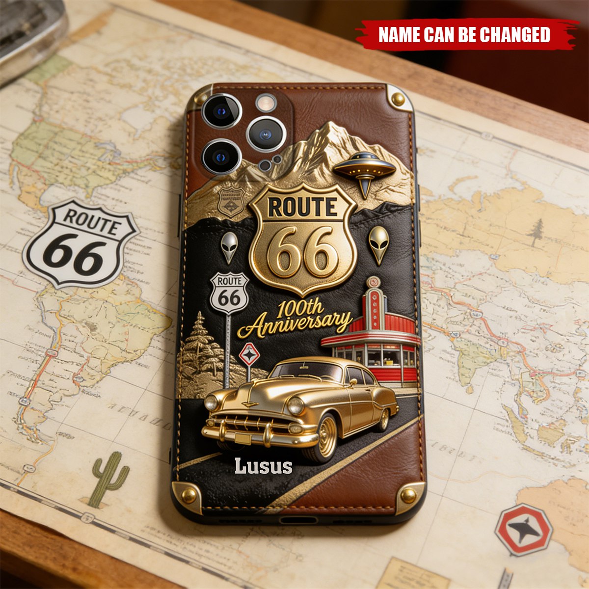 Route 66 100th Anniversary - Personalized Car Lover Leather Phone Case