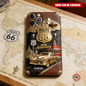 Route 66 100th Anniversary - Personalized Car Lover Leather Phone Case