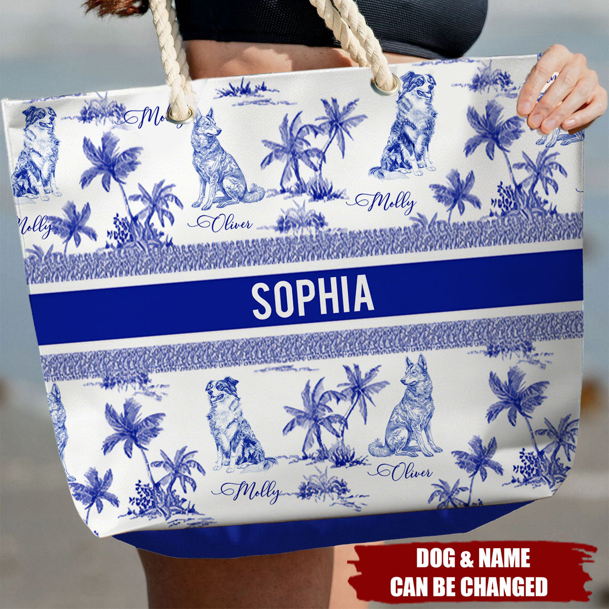 Dog Mom Toile De Jouy Summer French Style - Personalized Beach Bag