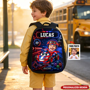Personalized Kids Racing Backpack -Custom Name and  Photo Cartoon Race Car Driver