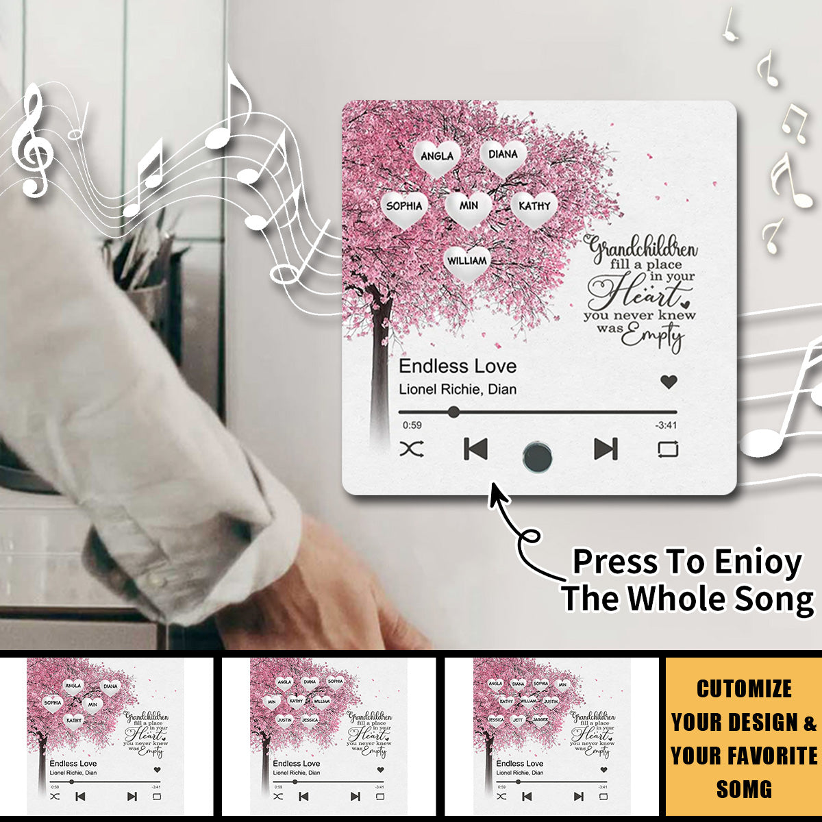 Grandma Grandkids Fill A Place In Your Heart Heart Tree Personalized Music Fridge Magnet, Heartfelt Mother's Day Gift For Mom For Grandma