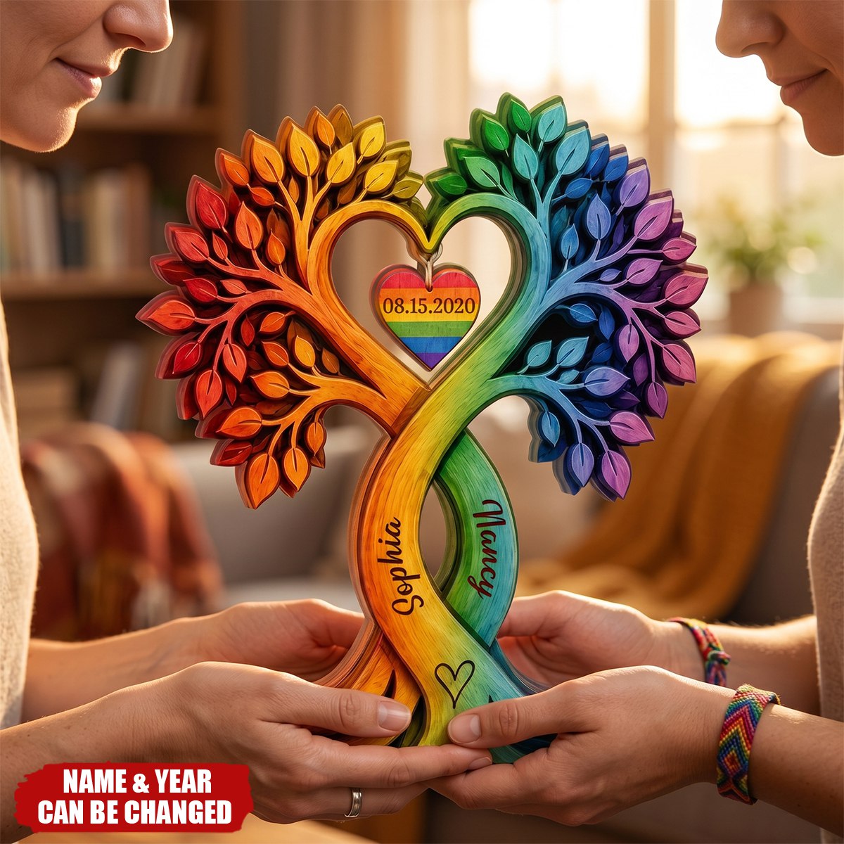 Personalized LGBTQ Family Tree Wooden Block Sign, Custom Rainbow Couple Anniversary Gift