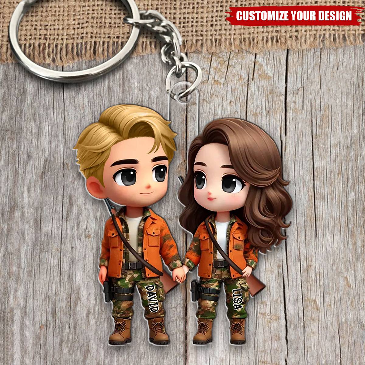 Cute Cartoon Couple Hunting Personalized Acrylic Keychain, Gift for Couple