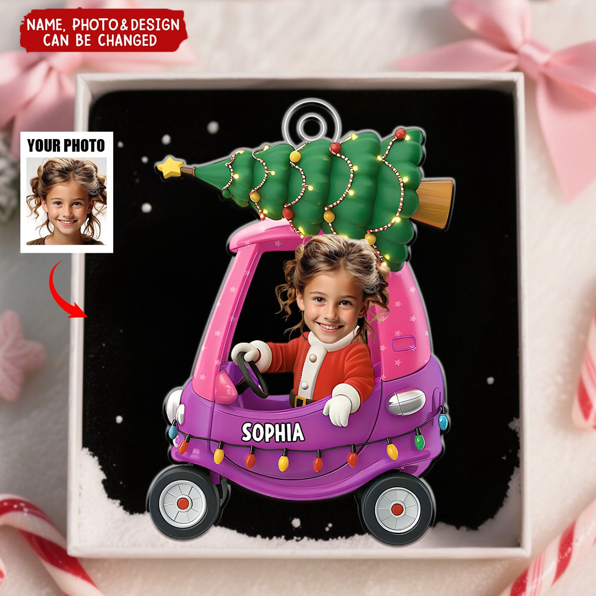 Custom Photo Christmas Kid In Car - Personalized Christmas Acrylic Ornament
