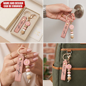 Daisy Charm & Floral Line Art - Personalised PU Leather Keychain