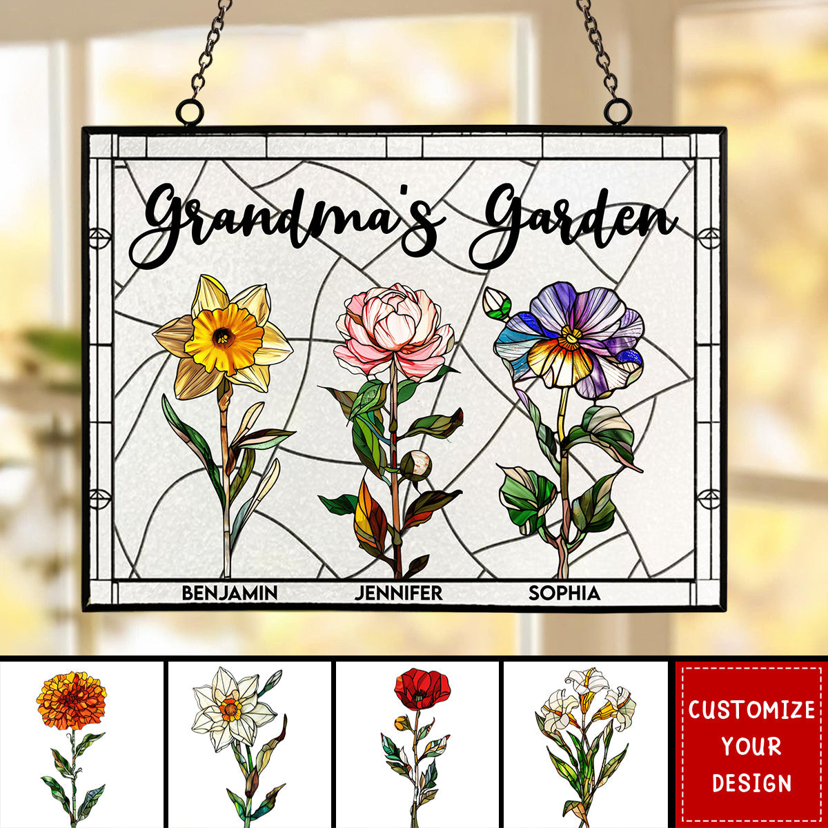 Grandma's Garden - Personalized Stained Glass Window Hanging Suncatcher