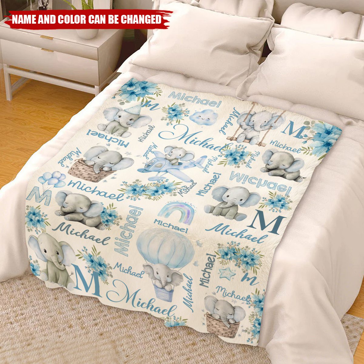 Custom Name Baby Fleece Blanket with Cute Pink Elephant Illustrations, Lightweight Cozy Throw, Adorable Personalized Gift