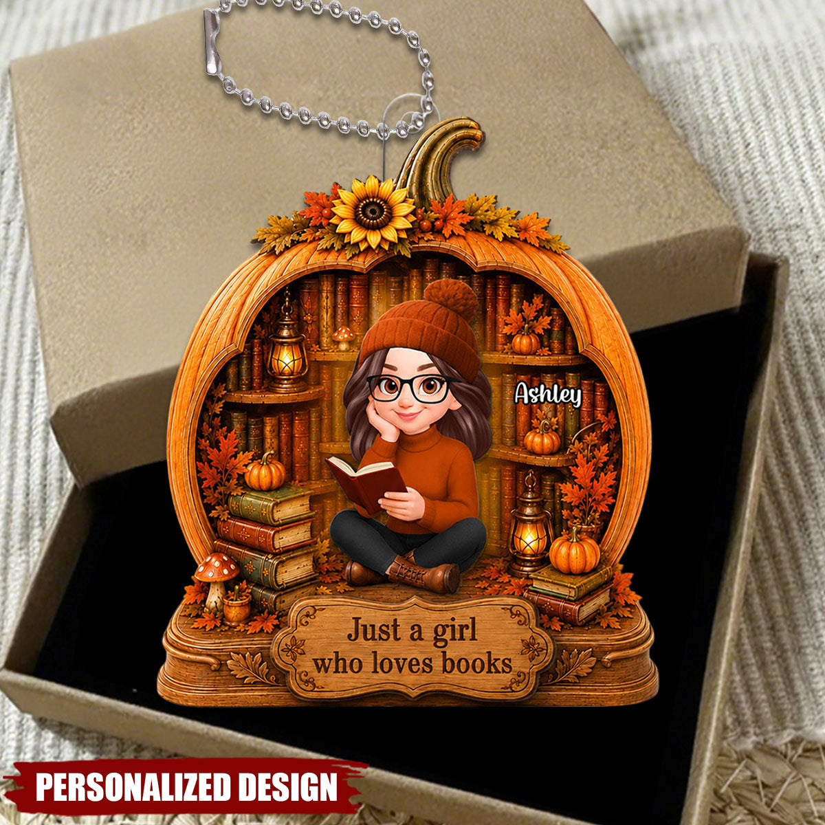 Personalized Fall Pumpkin Book Lover Car Hanging Ornament - Custom Name Acrylic Car Charm